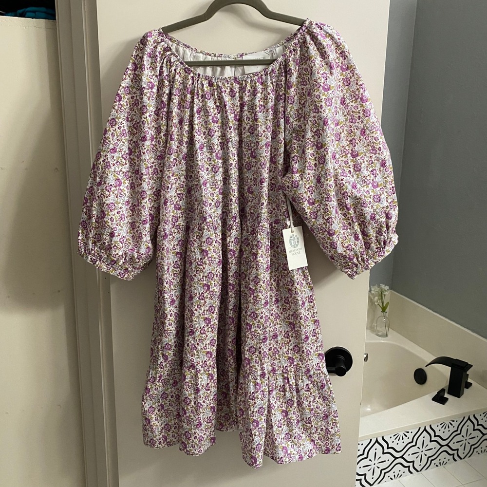 Hyacinth‎ House English Factory Cotton Purple Floral Puff Sleeve Tiered Dress L